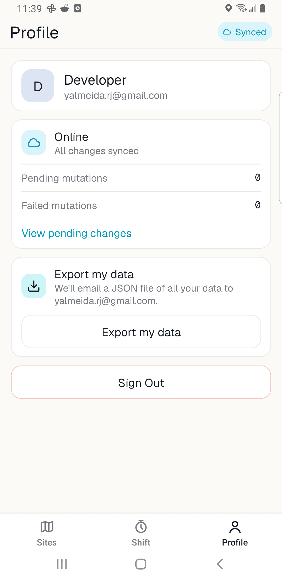Profile screen showing online status, pending and failed mutation counts, and a data export option